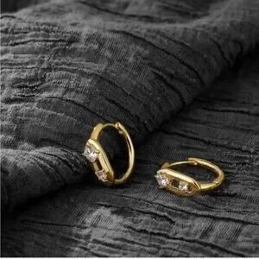 GOLD 14k Gold Plated Cubic Zirconia Hoop Earrings Gift Minimalist - Picture 2 of 4
